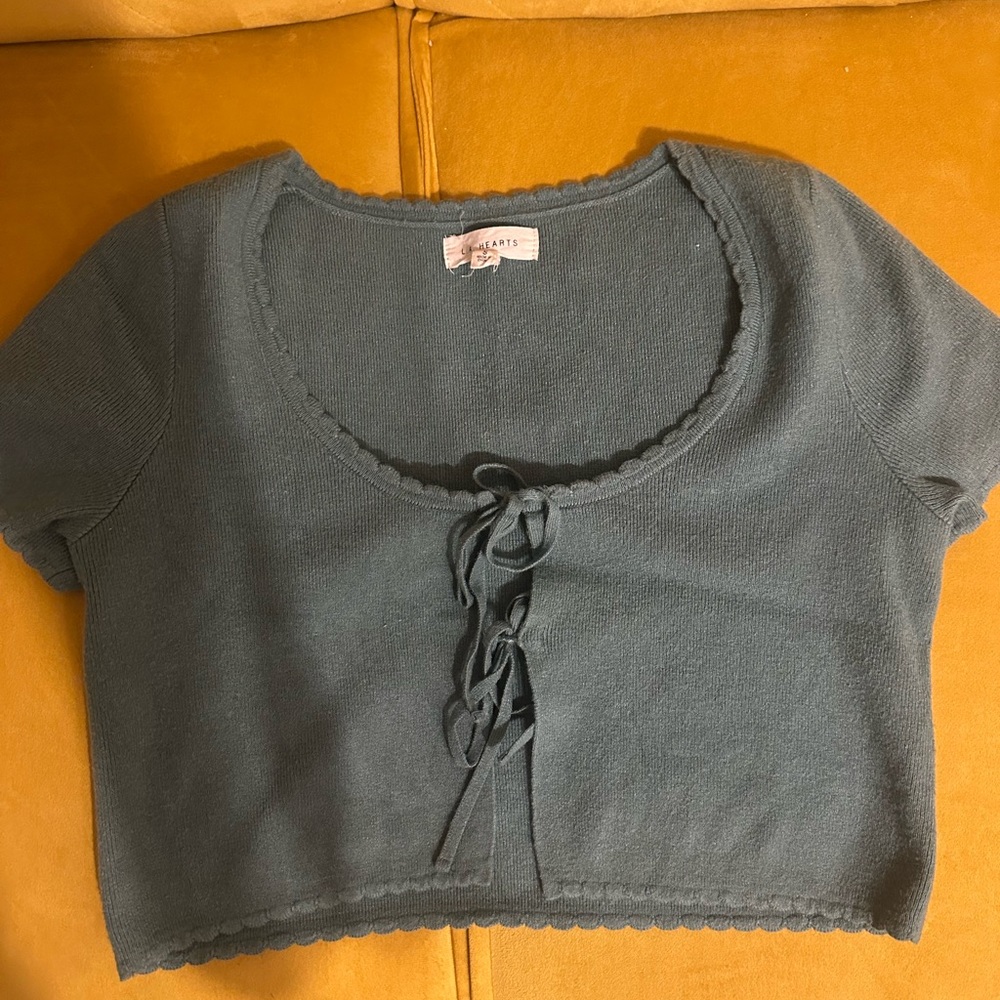 Green Cropped Knit Top with Tie Front